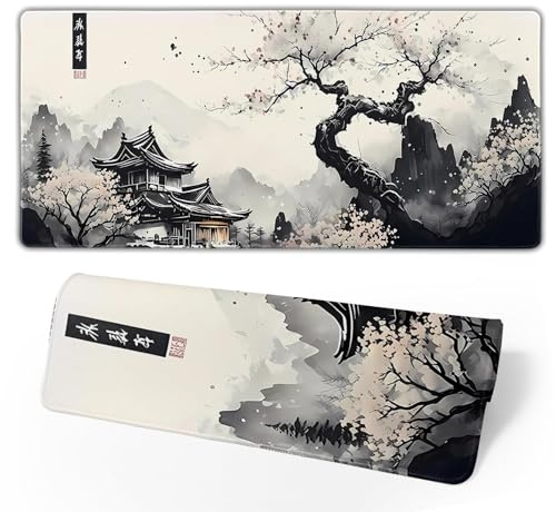 Donboly Spelmusmatta japansk pagod och körsbärsblommor gren överdimensionerad musmatta skrivbordsdyna maxpad xxl, sydda kanter halkfri gummibas musmatta (plommonblomma, 90 x 40 x 0,3 cm)