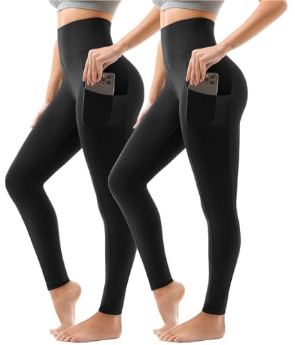 Sanpetix Sport Leggings Damen High Waist, Sporthose Damen Lang Mit Taschen Für Gym Yoga 2er Pack LXL Schwarz