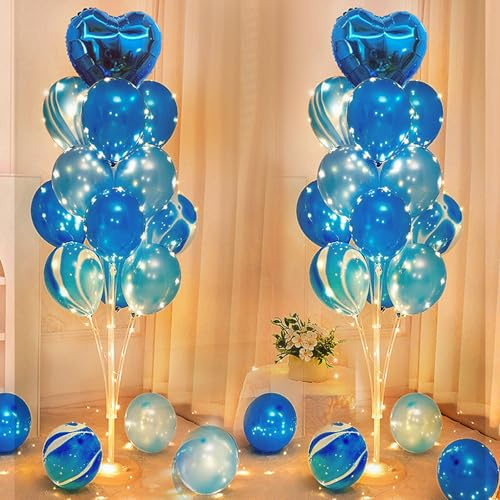 2 Pezzi LED Supporto palloncino, 1.3 m Sticks Supporti, Riutilizzabile Bastoncino per Matrimoni, Compleanni, Feste, Kit con Azzurro Palloncino e Luci