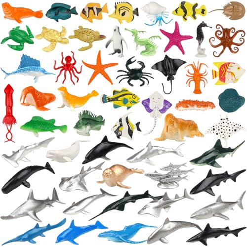 DOITEM 54 Stück Tiere-Figuren Set Ocean Spielfiguren Spielzeug Meerestier-Figuren, Kleine Plastiktiere, Mini-Tiere, Meer Ozean Fisch, zum Spielen oder als Deko