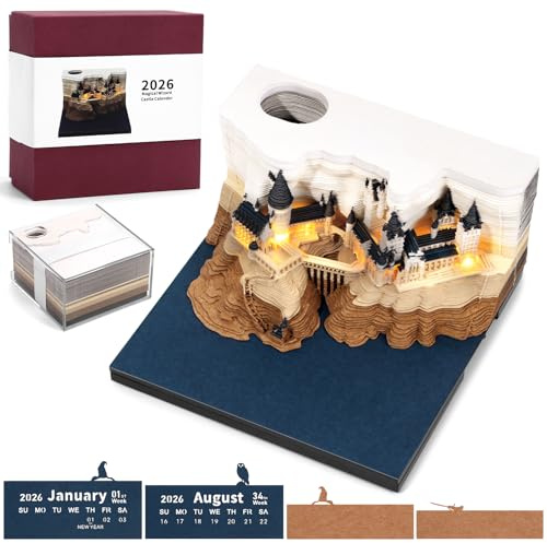 RuiDay Calendrier 2026, Calendrier de Bureau 3D, avec lumière LED, Calendriers créatif en forme de château magique, Bloc-notes en papier, Décoration d'intérieur Cadeau (Château)