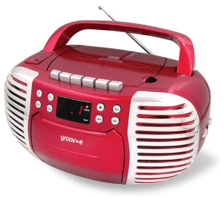 Groov-e Retro Boombox - Portable Cassette Tape & CD Player with Radio, 3.5mm Aux Port, & Headphone Socket - LED Display, 2 x 1.2W Speakers - Battery or Mains Powered - Red