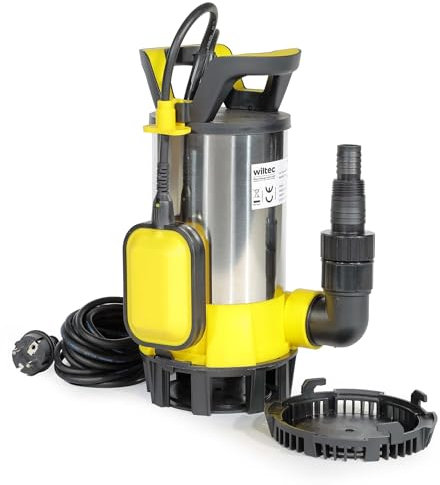 Wiltec Pompe à eau immergée 3 en 1 à aspiration plate 750 W – 14000 l/h – Jusqu’à 1 mm – Refoulement max. 8 m, profondeur max. 7 m – Interrupteur à flotteur, Thermorégulateur – Pompe submersible