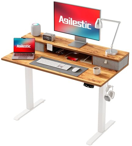 Agilestic Electric Adjustable Height Desk with 2 Drawers, 100 x 60 cm, Stable Sit-Stand Desk with Memory Control, Ergonomic Computer Desk, Light Brown