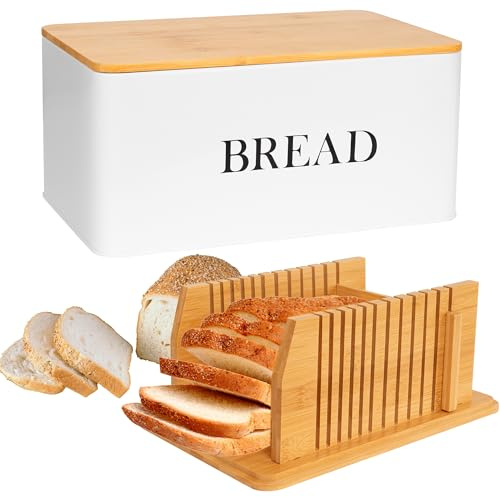 Bread Bin with Bamboo Bread Slicer, Metal Storage Container with Cutting Board Lid, Foldable Cutting Guide for Homemade Bread, Bread Rack for Countertop