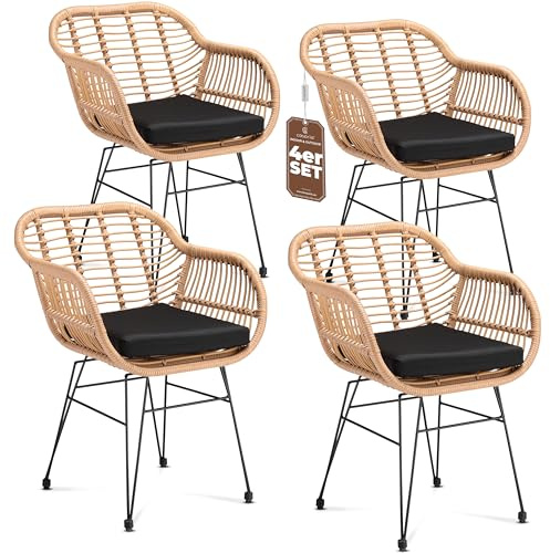 Casaria® Lot de 4 Chaises Cuisine Design Vintage - Salon de Jardin Exterieur et Intérieur Polyrotin Résistant aux UV - Coussins Inclus - Hauteur d'Assise 44 cm - Structure Acier Galvanisé