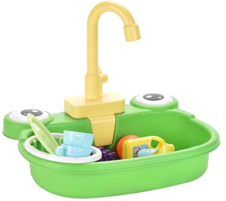 Évier pour enfants avec de l'eau courante, un lavabo de jeu grenouille en plastique avec un robinet rotatif à 180 °, avec des légumes modèle jouet, des fruits, une vaisselle, détergent et
