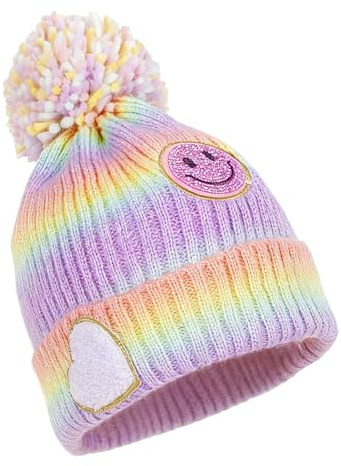 PinkSheep Toddler Winter Hat, Cute Girls Warm Beanie with Pom Pom and Fleece Lined Winter Hats,Fashion Kids Knit Beanies Cap Rainbow