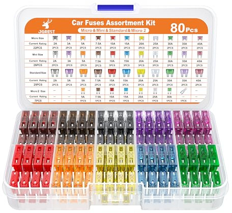 JOREST 80Pcs Car Fuse Assortment Kit, 26 Mini Blade Fuses Automotive + 25 Standard Auto Fuses + 22 Micro Fuse + 7 Micro2 – for RV/Truck/Motorcycle(2A 3A 5A 7.5A 10A 15A 20A 25A 30A 35A 40A)