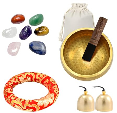 Tibetan Singing Bowl, Sound Bowl, Meditation Bowl with 7 Chakra Stone 2 Bells Singing Bowl Cushion Carry Bags Portable Meditation Tool Sound Healing Spiritual for Yoga Relaxation