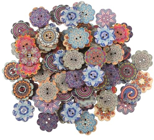 100 Pcs Buttons for Crafting, Vintage Wooden Flower Shaped Buttons Bulk Antique Wooden Button 2 Holes Assorted Color Natural Wood Button for Men Women Sewing Knitting Crafts Clothes