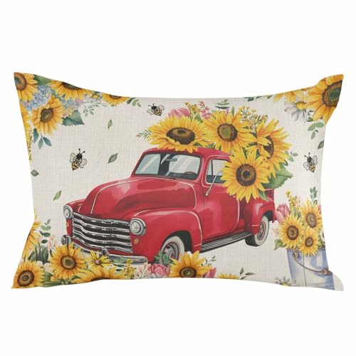 T&H XHome Sunflower Truck Pillow Covers Pastoral Flowers Bee Linen Texture 12x20 Inch Soft Brushed Microfiber Pillowcases with Hidden Zipper Closure Bed Pillow Shams for Bedroom Sofa Car