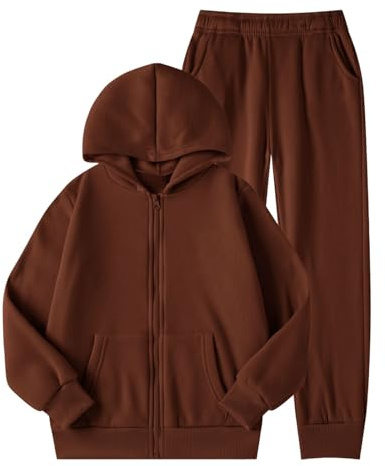 Chandal Niña Conjunto de Ropa Deportiva 2 Piezas Sudadera con Capucha y Cremallera + Pantalones Sólido Trajes Chándales Manga Larga Ropa para 5-14 años (Brown, 5-6 Years)