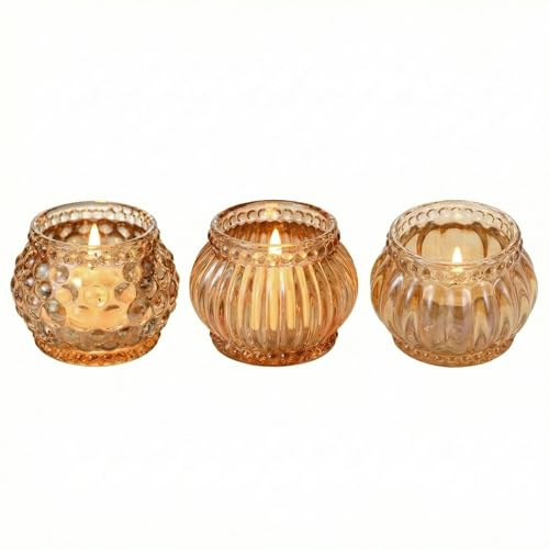 Olrla Amber Glass Tealight Holders, Set of 3 Shapes (6.5 x 5 x 4 cm)