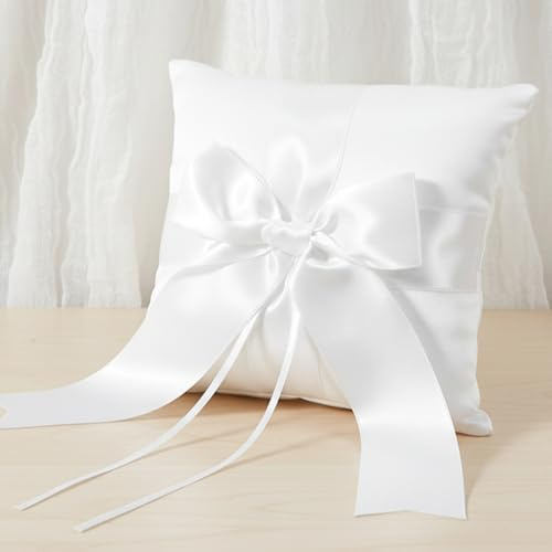 Skrfren Cuscino per anelli da matrimonio in raso con fiocco, cuscino per anelli bianco con bella fiocco cuscino da sposa portafedi con perla sintetica per fidanzamento o fedi nuziali vintage, 15 x 15