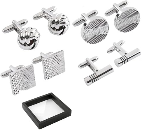 Cufflinks for Men Set of 4 Pairs, Mens Cufflinks Stainless Steel Classic Silver Round Square Knot Striped Designs, Durable Polished Cuff Links for Wedding Business Graduation Suit Shirt Gift for Him