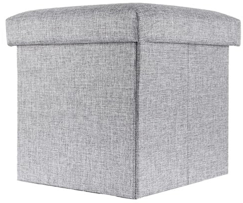 INTIRILIFE Faltbarer Sitzhocker 38x38x38 cm in Alaska GRAU - Sitzwürfel mit Stauraum und Deckel aus Stoff in Leinen Optik - Sitzcube Fußablage Aufbewahrungsbox Truhe Sitzbank