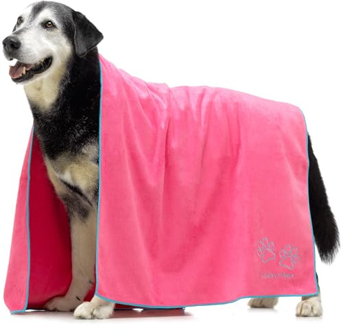 Lucky Paws® Serviette Chien Super Absorbante – Serviette pour Chien XL 140x70cm, Microfibre Ultra Douce, Séchage Rapide, Serviettes Artisanales de Qualité pour Chiens (Lot de 1, Rose)