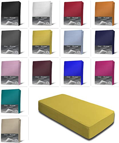 one-home Jersey Spannbettlaken Spannbetttuch Bettlaken weich 100% Baumwolle Rundumgummi, Farbe:Gelb, Maße:90-100 x 200 cm