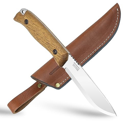 BPSKNIVES HK1S - Cuchillo de acero al carbono hecho a mano de caza de espiga completa - Cuchillo de Bushcraft para con funda de cuero de afilado escandinavo