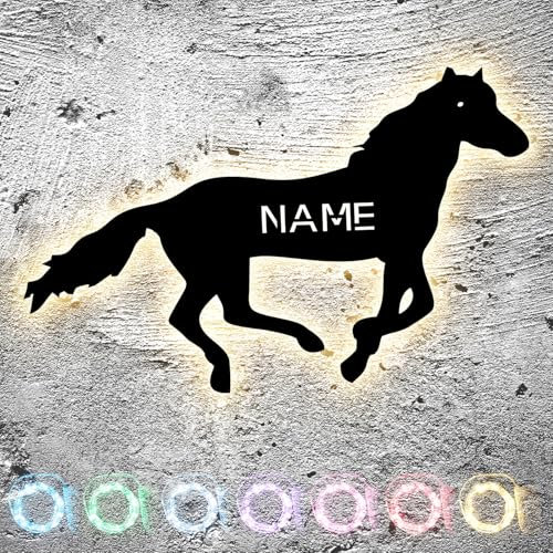 LEON FOLIEN Rennpferd Tier LED Beleuchtung Pferd personalisiert mit Wunsch Namen Lasergravur Schlummerlicht Nachtlicht für Kinderzimmer Geschenk - in 13 Farben