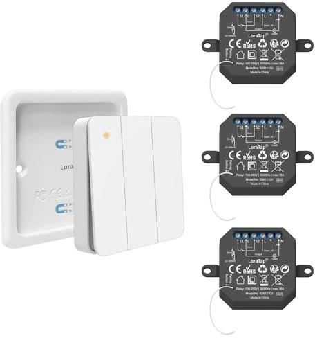 LoraTap Kit Interrupteur sans Fil, Portée 200 m, Radio 868 MHz, Va-et-Vient, Télécommande on/Off pour Éclairage, 3 Canaux, pour Modernisation