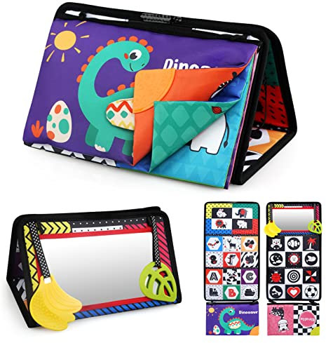 LEADSTAR Baby Spielzeug 0 3 6 9 Monate mit Kontrastbuch Baby, Faltbarer Spiegel mit Knisterbuch Entwickelt Kinderspiegel Bauchlage Spielzeug Baby 0 3 6 Monate neugeborenen Geschenk für Babys