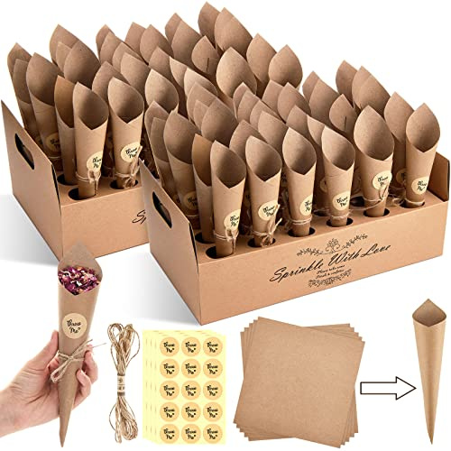 Nezyo 60 Pcs Wedding Confetti Cones Includes Holder Box Kraft Paper Confetti Cones for Favours Cone Holder Including Ropes Adhesive Stickers Box Tray and Tape for Wedding Birthday Party Decoration