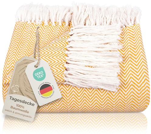 Gräfenstayn Premium överkast med lugg, 100% bomull, 180 x 240 cm, sommarfilt med bomullsfiskbens för säng och soffa, sofföverdrag (gul)