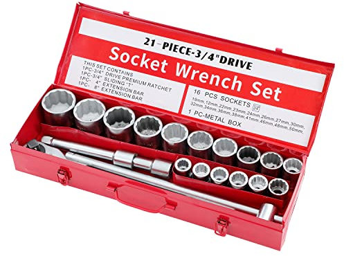 KATSU Juego de Llaves de Vaso de 3/4 21 Piezas, 19-50mm Métricas de 12-Puntos con Llave de Trinquete de 24 Dientes en Caja de Acero, Herramienta Mecanica Reparación de Auto (Budget)