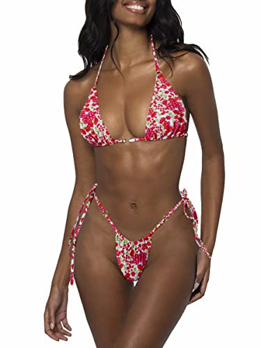 LUNNTE Damen Halfter String Bikini Set Sexy Tanga Frech Zweiteilige Badeanzüge Badebekleidung (Rote Blume, XS)