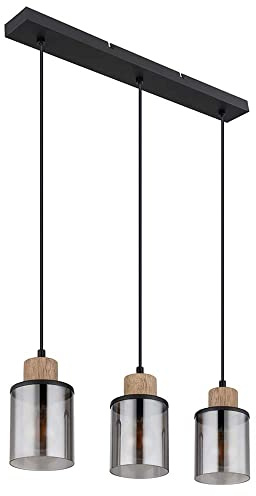 Pendellampe Esstischleuchte Hängelampe Wohnzimmer 3 flammig, Metall schwarz Holz braun Glas rauch, 3x E27, LxH 55x 120 cm