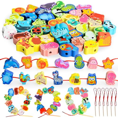 Fädelspiel Montessori Spielzeug ab 2, Fädelspiel ab 2 3 Jahre Mädchen, 44Stk Tiere Holzperlen zum Auffädeln Holzspielzeug Motorikspielzeug Lernspiele Geschenke für Kinder 2 3 Jahre