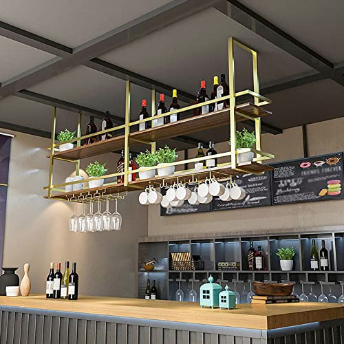 KEPMOGOH Deckenregal Weinregal mit Glashalter, Schwebendes Hängeregal 2-Lagiger Industrieller Hängender Weinflaschenhalter, Schwarzes Metall-Deckenregal für Bar-Café-Küche (Gold, 160×30×80cm)