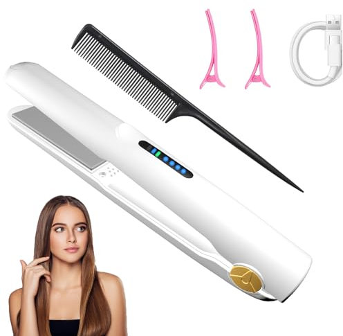 LOUIKAY Kabelloser Haarglätter 2 in 1 Lockenwickler, Mini Glätteisen Wiederaufladbares USB Glätteisen, Negative Ionen Mini Reiseglätter mit 3 Temperaturen 160/180/200℃ für kurzes & langes Haar (Weiß)