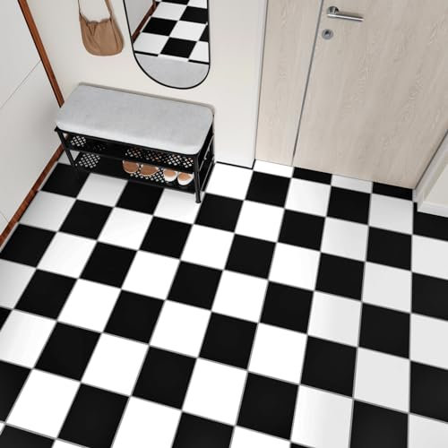 Yullpaper 12 Pièces Dalle PVC Adhesive Sol Noir et Blanc Carrelage Adhesif Sol Salle De Bain Lino Sol Adhesif Lavable Revetement De Sol Noir et Blanc Deco Cuisine 30 x 30cm
