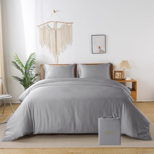 bienDo Housse de Couette 200x200, Parure de Lit Adult, Bambou-Soie Végétalienne, Gris, 2 Personne, Douce, Soyeuse et Rafraîchissante