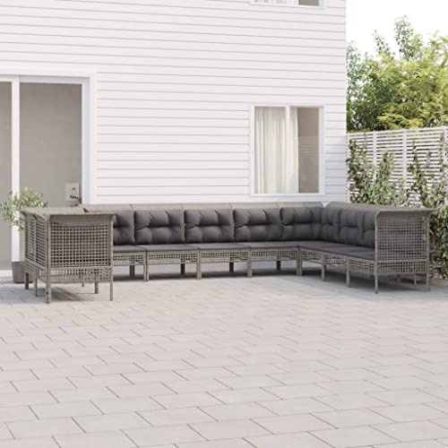QZZCED Terrassengarnitur Balkonmöbel-Set Garten-Loungemöbel Gartenmöbel-Sets 10-TLG. Garten-Lounge-Set mit Kissen Grau Poly Rattan für Garten, Terrasse und Balkon
