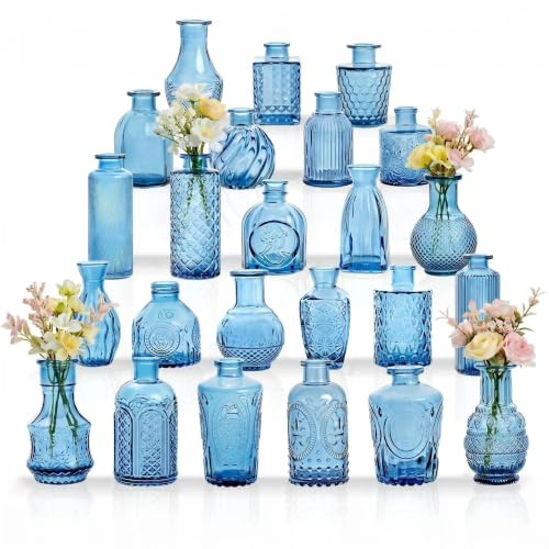 Set di 24 vasi in vetro per decorazione da tavolo, matrimonio, ricevimento, casa, bottiglie vintage, trasparenti, vasi decorativi in vetro con coperchi (24, blu)