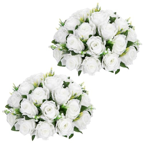 Oairse Set med 2 konstgjorda blommor, rosor, blomkula med 30 huvudrosor, konstgjorda sidenblommor, bukett, rosbukett för bröllop, hem, bordsfest, fönsterdekoration, bröllopsmedelstycken, vit
