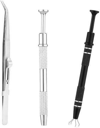 3uds Agarrador Joyas, Pinzas para Poner Bolas Piercing Aluminio Primera Calidad con Pinzas Codo Acero Inoxidable para Cambiar y Desmontar Piezas Pequeñas de Joyería(Plata, Negro)