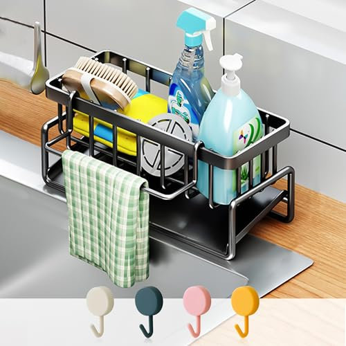 Wabisaby®- Organizador Cocina Fregadero - Escurridor Estropajos Fregadero - Soporte Esponja, Cepillo, Jabón, Trapo - Accesorio Lavabo Baño - INOX. Negro + 3 Ganchos Grandes Adhes. Bonitos Colores.