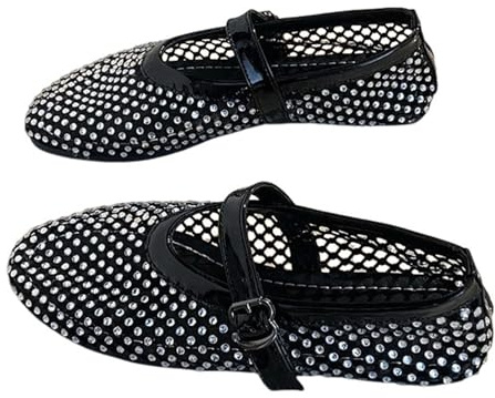 UFZKOOEP Ballerine da Donna in Rete con Strass, Ballerine Scintillanti con Cinturino con Fibbia, Ballerine da Donna in Rete con Cristalli (36,Black)