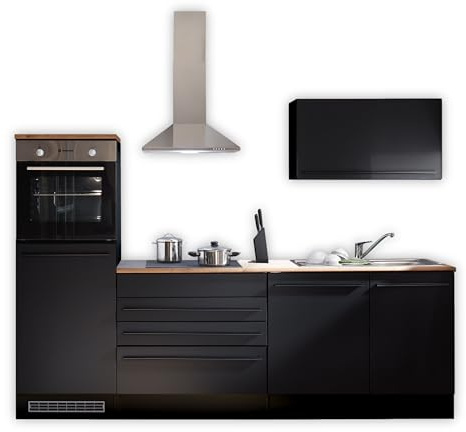 Jazz 6 Moderne Küchenzeile mit Elektrogeräten in Schwarz matt, Lanzelot Eiche Optik - Geräumige Einbauküche mit viel Stauraum - 260 x 200 x 60 cm (B/H/T)