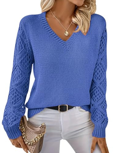 Jersey Cuello V Mujer Jerséis Mujer Pullover Sweater Women Sueter Punto Mujer Manga Larga Invierno Primavera Jerseys Mujeres Jersey de Cuello Pico Fino Punto Señora Suéter Tejido para Mujer Zafiro L