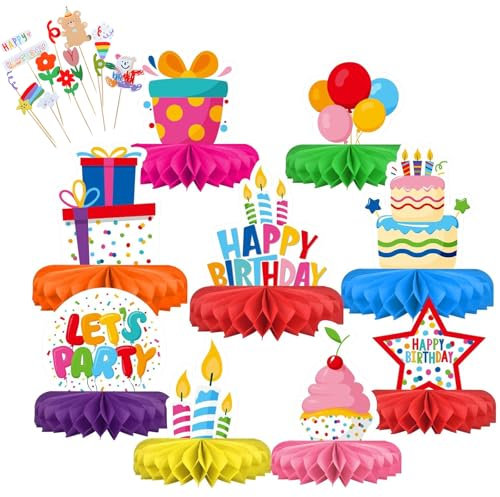 9 Stück Wabenbälle Tischdeko, Geburtstag Tischdeko Kindergeburtstag,Honeycomb Party Dekorationen mit Kuchen Kerzen Sternenmuster,Bienenwabe Mittelstücke Geburtstag (A)