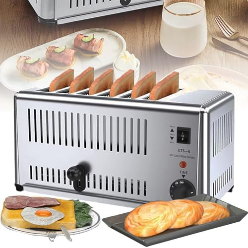 Generisch 6 Scheiben Toaster Commercial - Extra breite Schlitze +5 Geschwindigkeit einstellbar, Hamburger Brötchen Toaster, Hand Pop-Up Toaster, herausnehmbares Krümelfach, 1 bis 2 Minuten