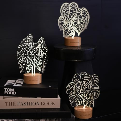 VerdantCharm Begonia, Crystal Anthurium, Monstera Deliciosa 3-Pack Night Light Soft LED Nursery Light Set for Baby, Bedroom & Desk | Energy-Saving, Safe Acrylic Plant Decor Lights