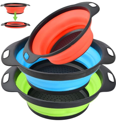 Anseom Lot de 3 passoires pliantes en silicone, ustensiles de cuisine pliables Filtre de pâte en silicone avec poignées pour pâtes de fruits et légumes