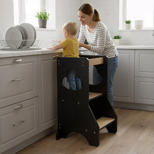 COSYLAND Toddler Standing Tower Adjustable Height – Super Stable Kitchen Step Stool Helper – Mother’s Helper Wooden Kids Learning Stool (Black & Natural)